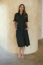 Load image into Gallery viewer, Annie Trench Style Short Sleeve Collared Black Button Midi Dress