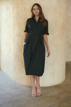 Load image into Gallery viewer, Annie Trench Style Short Sleeve Collared Black Button Midi Dress