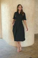 Load image into Gallery viewer, Annie Trench Style Short Sleeve Collared Black Button Midi Dress