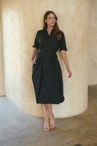 Annie Trench Style Short Sleeve Collared Black Button Midi Dress