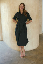 Load image into Gallery viewer, Annie Trench Style Short Sleeve Collared Black Button Midi Dress