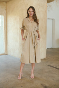 Annie Trench Style Short Sleeve Collared Beige Button Midi Dress