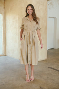 Annie Trench Style Short Sleeve Collared Beige Button Midi Dress