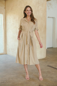 Annie Trench Style Short Sleeve Collared Beige Button Midi Dress