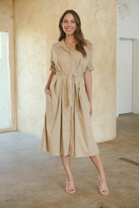 Annie Trench Style Short Sleeve Collared Beige Button Midi Dress