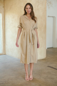 Annie Trench Style Short Sleeve Collared Beige Button Midi Dress