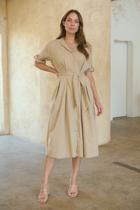 Annie Trench Style Short Sleeve Collared Beige Button Midi Dress