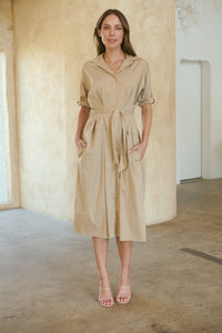 Annie Trench Style Short Sleeve Collared Beige Button Midi Dress