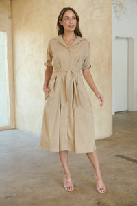 Annie Trench Style Short Sleeve Collared Beige Button Midi Dress