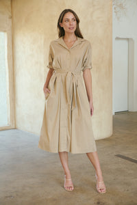 Annie Trench Style Short Sleeve Collared Beige Button Midi Dress