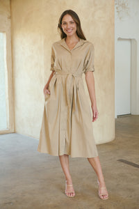 Annie Trench Style Short Sleeve Collared Beige Button Midi Dress