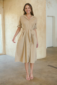 Annie Trench Style Short Sleeve Collared Beige Button Midi Dress