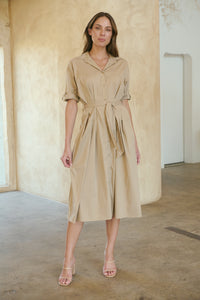 Annie Trench Style Short Sleeve Collared Beige Button Midi Dress