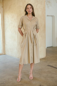 Annie Trench Style Short Sleeve Collared Beige Button Midi Dress