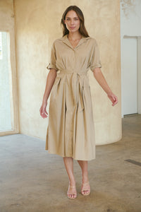 Annie Trench Style Short Sleeve Collared Beige Button Midi Dress