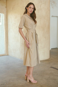 Annie Trench Style Short Sleeve Collared Beige Button Midi Dress