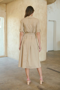 Annie Trench Style Short Sleeve Collared Beige Button Midi Dress