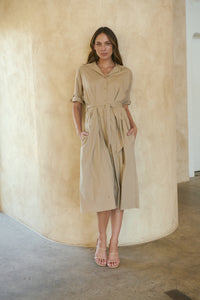 Annie Trench Style Short Sleeve Collared Beige Button Midi Dress