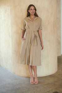 Annie Trench Style Short Sleeve Collared Beige Button Midi Dress