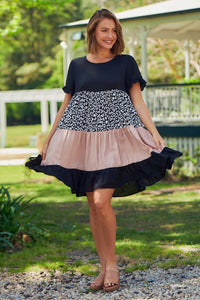 Madeline Black/Pink Leopard Smock Pocket Dress