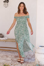 Load image into Gallery viewer, Gypsy Off Shoulder Green Ditsy Print Shirred Maxi Dress
