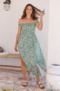 Gypsy Off Shoulder Green Ditsy Print Shirred Maxi Dress