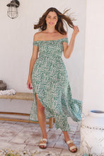 Load image into Gallery viewer, Gypsy Off Shoulder Green Ditsy Print Shirred Maxi Dress