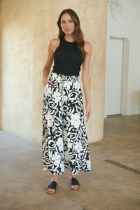 Evie White/Black Floral Print Drawstring Pants