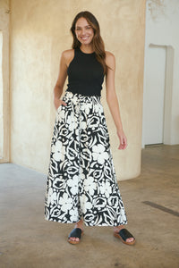 Evie White/Black Floral Print Drawstring Pants