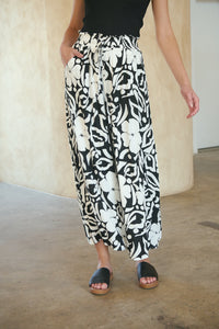 Evie White/Black Floral Print Drawstring Pants