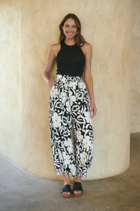 Evie White/Black Floral Print Drawstring Pants