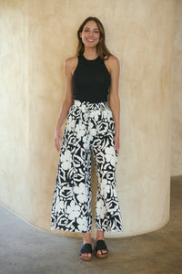 Evie White/Black Floral Print Drawstring Pants