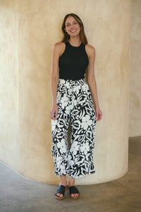 Evie White/Black Floral Print Drawstring Pants