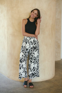 Evie White/Black Floral Print Drawstring Pants