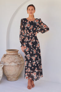 Evora Black/Rust Floral Chiffon Evening Dress