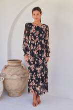 Load image into Gallery viewer, Evora Black/Rust Floral Chiffon Evening Dress