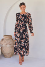 Load image into Gallery viewer, Evora Black/Rust Floral Chiffon Evening Dress