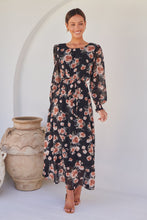 Load image into Gallery viewer, Evora Black/Rust Floral Chiffon Evening Dress