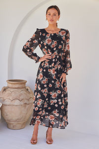 Evora Black/Rust Floral Chiffon Evening Dress