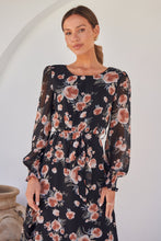 Load image into Gallery viewer, Evora Black/Rust Floral Chiffon Evening Dress