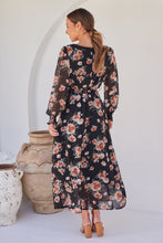 Load image into Gallery viewer, Evora Black/Rust Floral Chiffon Evening Dress