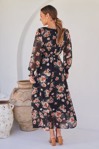 Evora Black/Rust Floral Chiffon Evening Dress