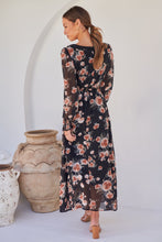 Load image into Gallery viewer, Evora Black/Rust Floral Chiffon Evening Dress