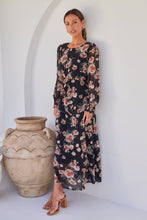 Load image into Gallery viewer, Evora Black/Rust Floral Chiffon Evening Dress