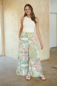 Aelia Cream/Multi Paisley Print Satin Pant