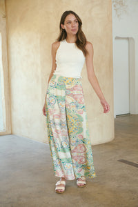 Aelia Cream/Multi Paisley Print Satin Pant