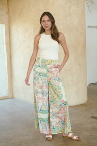 Aelia Cream/Multi Paisley Print Satin Pant