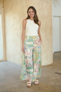 Aelia Cream/Multi Paisley Print Satin Pant