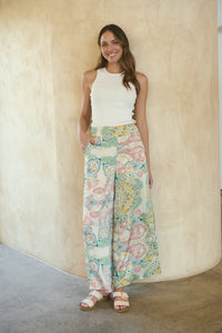 Aelia Cream/Multi Paisley Print Satin Pant