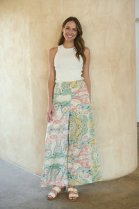 Aelia Cream/Multi Paisley Print Satin Pant